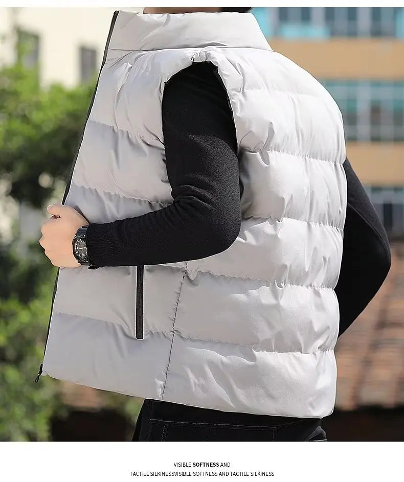 Men's down Vest Thickened Casual Style Stand Collar Jacket Autumn Winter New Fashion Youth Active Fit Zipper Pocket Daily Wear
