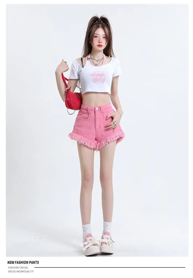 Women's Pear-shaped Friendly Denim Shorts 2026 Summer New High Waist Frayed Hem Casual Streetwear Wide Leg Hot Pants