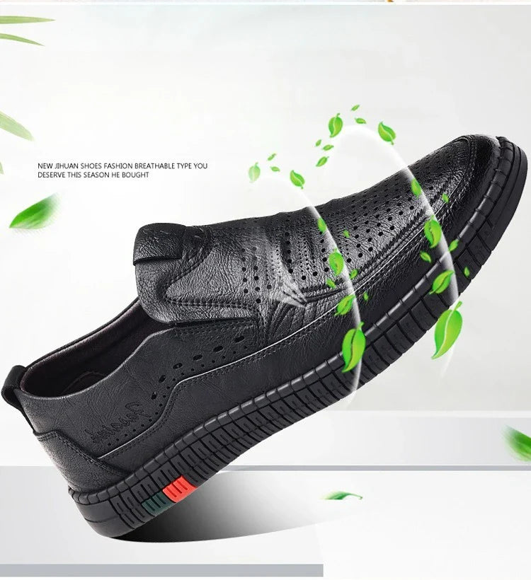 Summer New Breathable Hallow Leather Shoes for Men Solid Color Fashion Casual Driving Shoes Male Low Top Flat Shoes Man