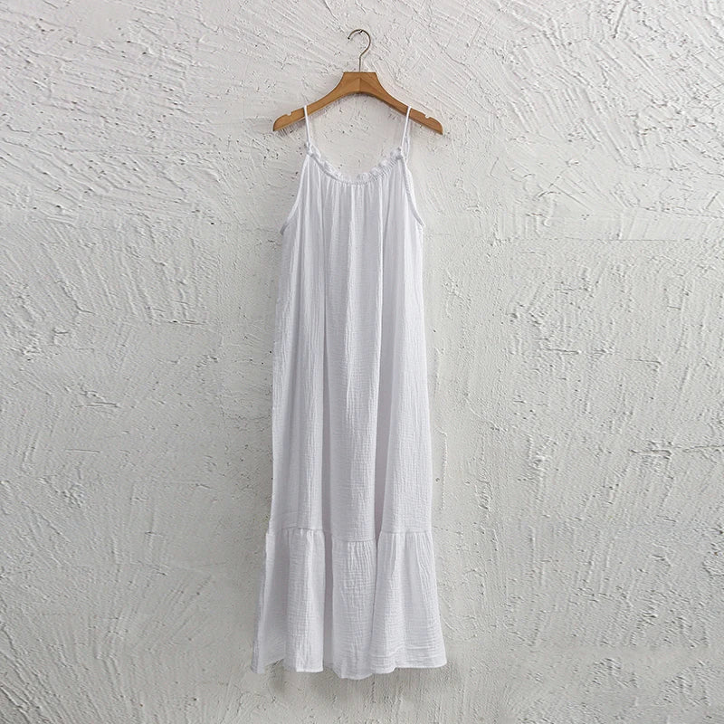 Vintage Muslin 100% Cotton Gauze Summer Dress Women Loose Sexy Sleeveless Ruched Long Maxi Desses Chic Vestidos