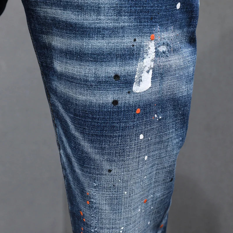 Fashion Designer Men Jeans Retro Blue Stretch Slim Fit Painted Ripped Jeans