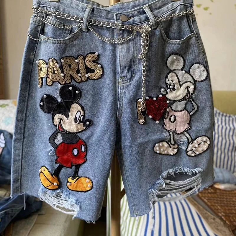 New Arrival Loose Casual Summer Top Fashion Cotton Embroidery Beading Mickey Mouse Summer Denim Shorts