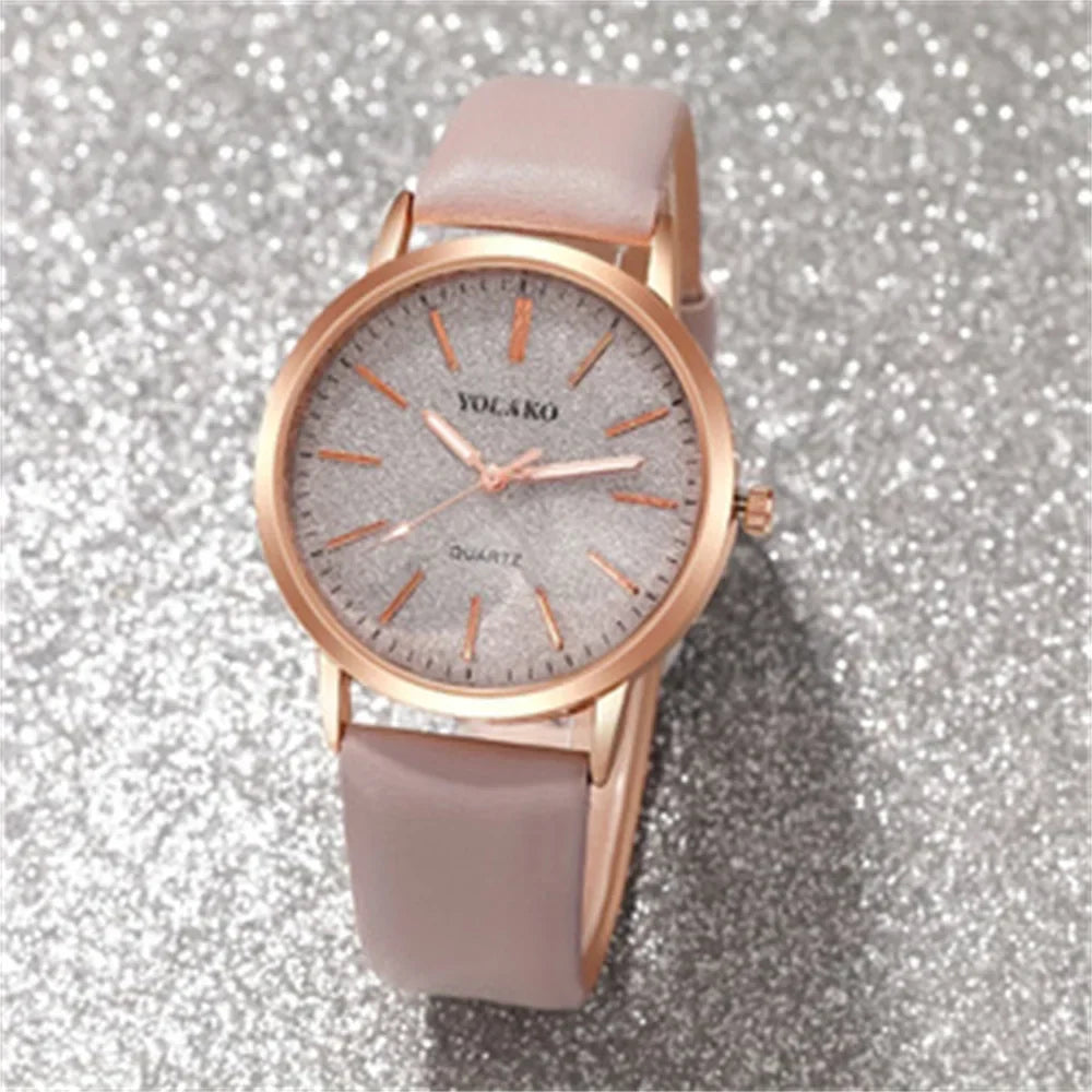 2PCS/Set Women's Watch Shiny Fashion PU Leather Analog Quartz Watches Rose Flower Bracelet