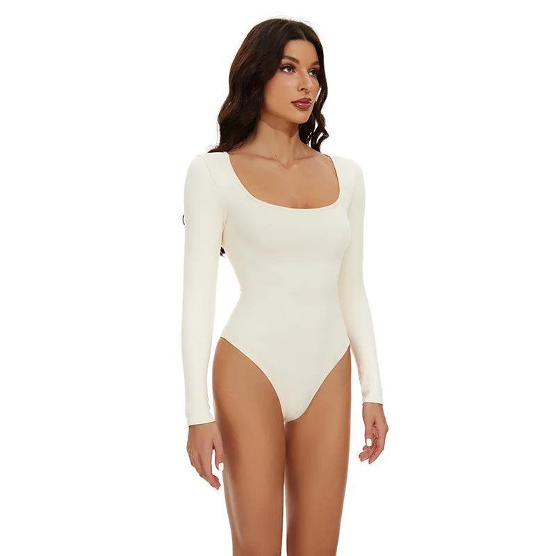GUUDIA Open Crotch Big U Neck Seamless Bodysuit Long Sleeve Spandex Elastic Body Suit Shapewear Tummy Control Waist Shapers
