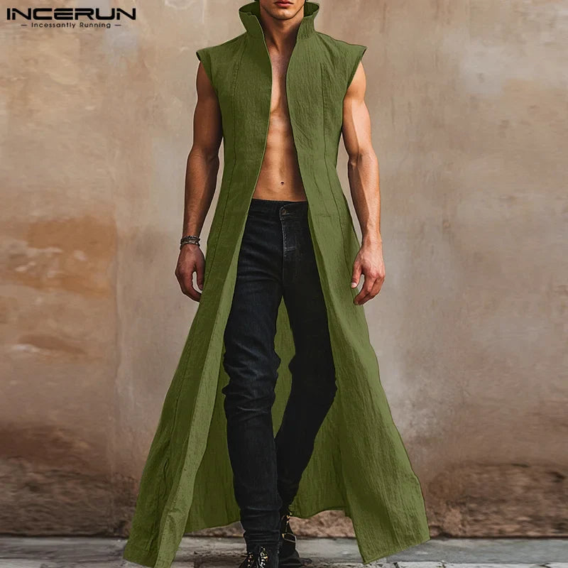 INCERUN Men Long Style Shirts Solid Stand Collar Sleeveless Casual Male Cardigan Streetwear 2025 Fashion Open Stitch Outerwear
