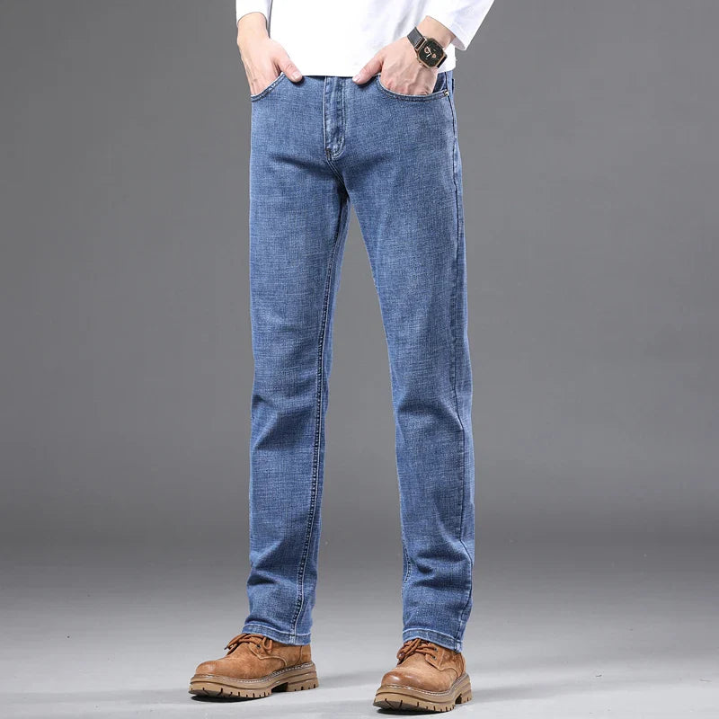 Fashion Light Blue Slim Straight Jeans Men's Spring autumn Elastic Comfortable Denim Pants Korean Casual Business Trousers