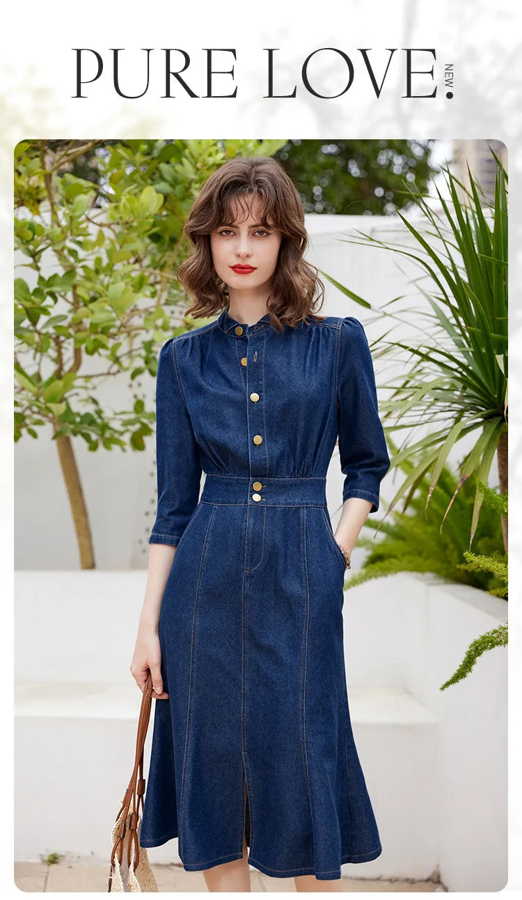 Women Denim Dress Retro Style Casual 2024 Spring Round Neck Three-quarter Sleeve Slim Fit A-line Fishtail Dress