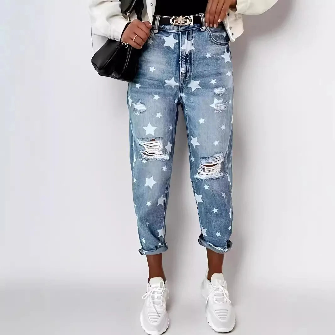 Jeans Denim Holes Ripped Washed Jean Ankle Length Straight Pants Women Spliced Pockets Loose Fit Casual 2025 Distressed