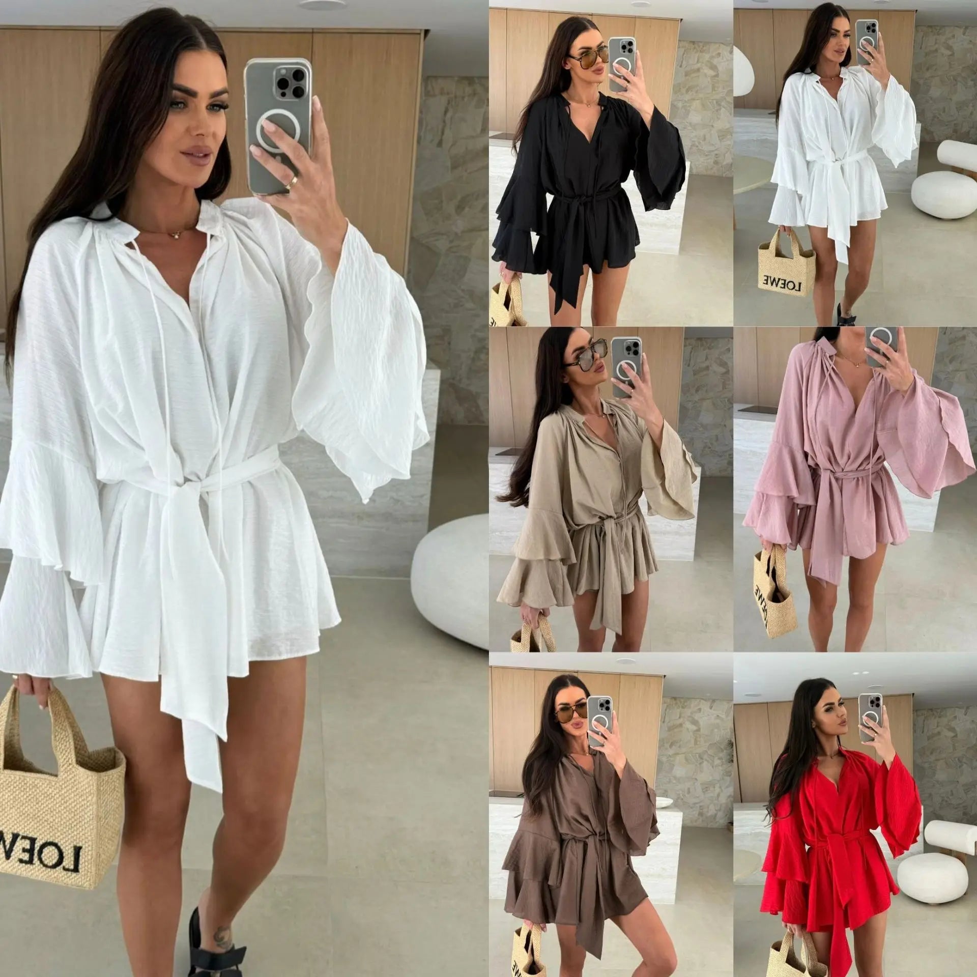 2026 Autumn Ruffle Loose Mini Dress Casual Flare Sleeve Holiday Dresses Sexy Deep V-neck Lace Up Solid Women's Dress Vestidos
