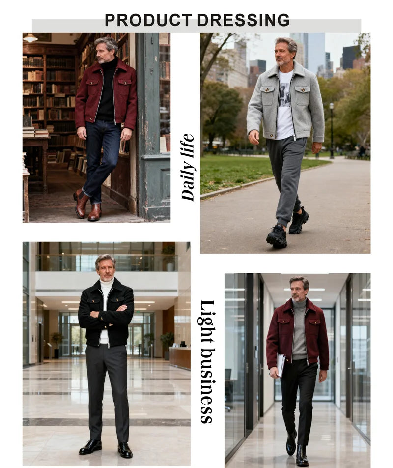 Men's Polyester Brushed Jacket, Lapel Button/Zipper Coat with Pocket, Comfortable Casual Autumn Winter Office Business Wear