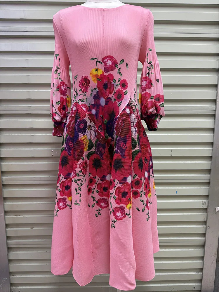 Miyake Pleated Dresses 2026 Autumn New Gentle French Print Elegant Stretch Plus Size Women's Long Sleeve Bounce Flower Bud Dress