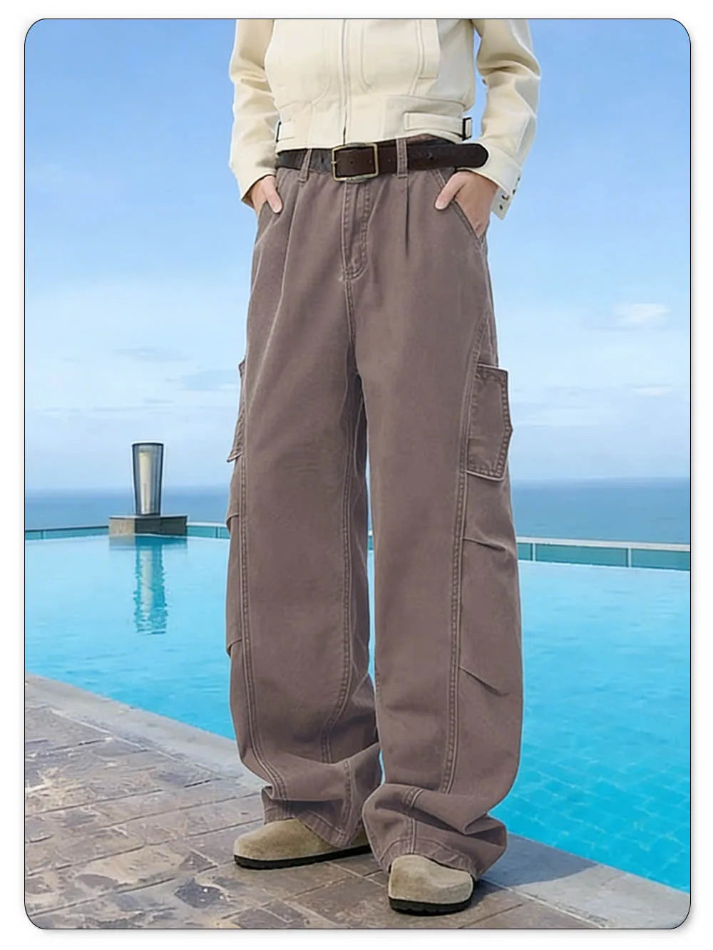 Spring Summer Retro Brown Baggy Wide Leg Casual Jeans 100% Cotton Daily Folded Splicing Deconstructed Casual Pants Unisex