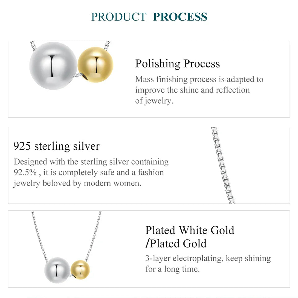 BAMOER 925 Sterling Silver Round Ball Beads Pendant Necklace Fashion Waterproof Metal Daily Gold Plated Trendy Jewelry for Women