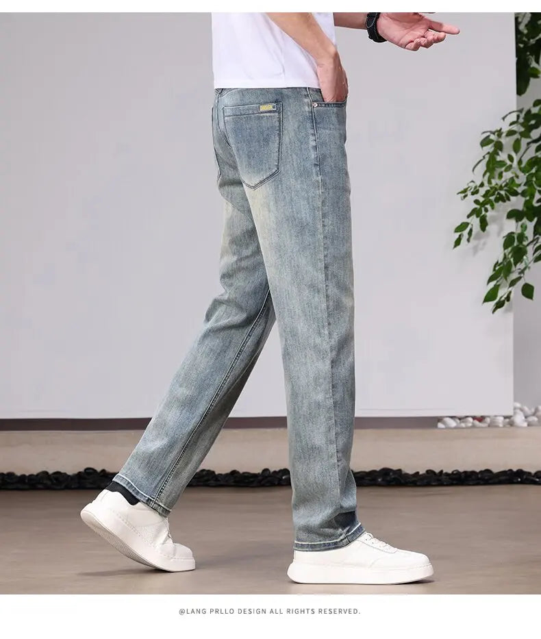 Spring/Autumn Fashion Trendy Solid Color Straight Leg Stretch Denim Pants Men's Casual Loose Fit Sports High Quality Trousers