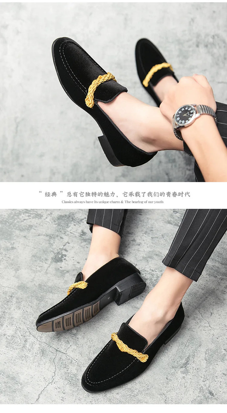 British Style Men Loafers Fashionable Classic Suede Deerskin Casual Dress Brooch Twisted Personality Small Leather Shoes 38-48