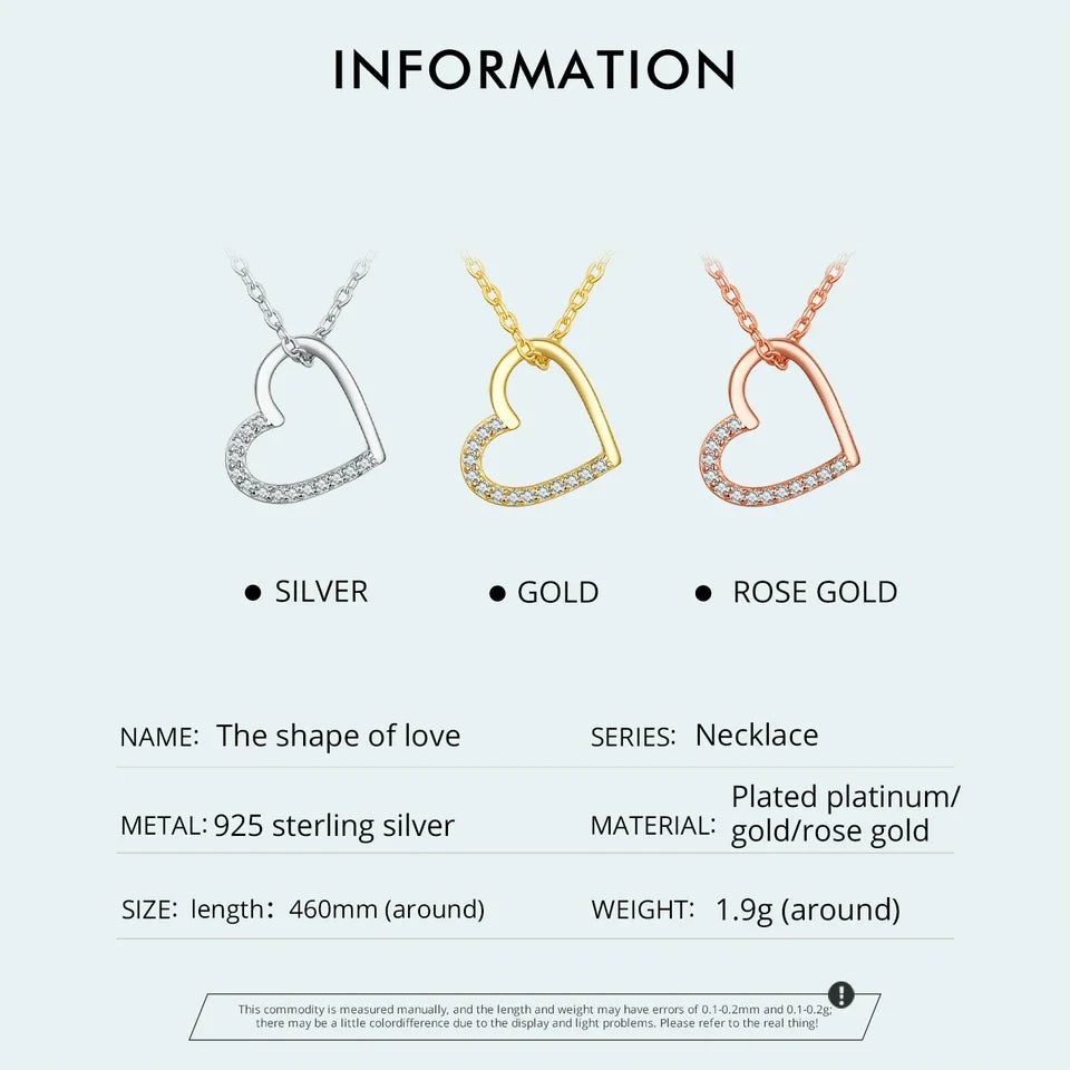 Genuine 925 Sterling Silver The shape of love Chain Necklace for Women, Godl Plated Heart Necklace 3 Color 18.11''