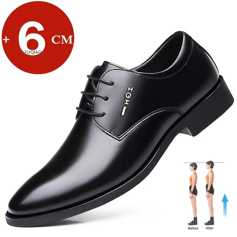 Men Height Increasing Shoes 6cm Inner Lift Black Formal Dress Shoes Lace Up Business Casual Elevator Shoes for Wedding Banquet
