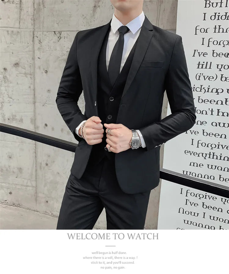 Solid Color Suit Men's Fashionable Gentleman Business Banquet Korean-style Formal Dress Casual Wedding (Blazer+Vest+Trousers)