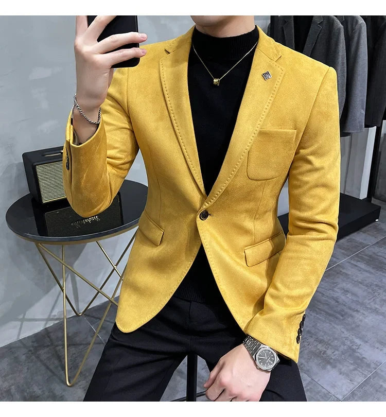 Plus Size 4XL-M Autumn Deerskin Velvet Jackets Blazer 6 Color Men Business Slim Blazers Hommes Casual Wedding Tuxedo Suit Coat