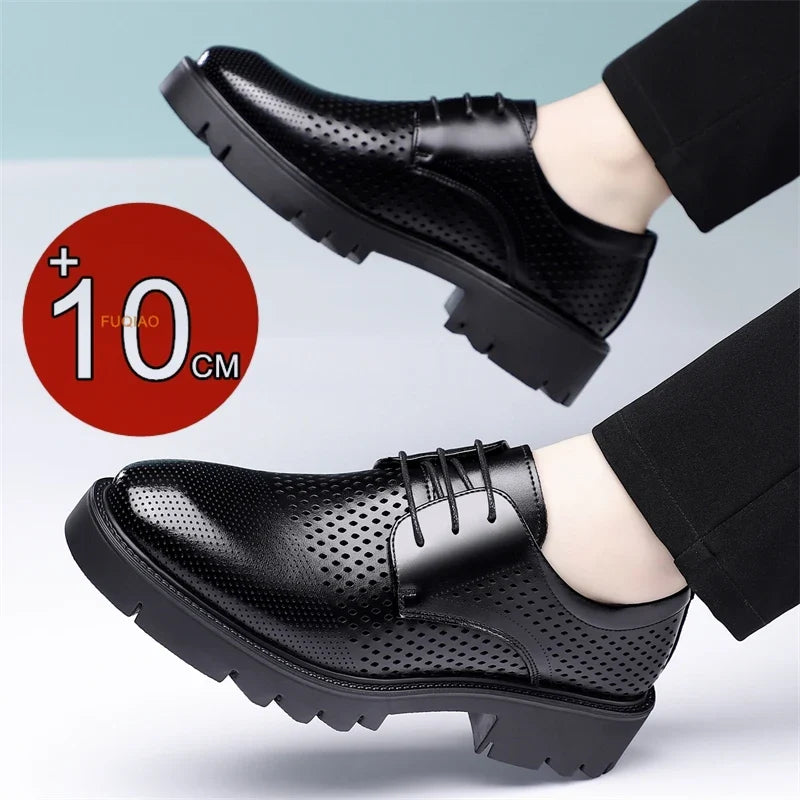 Summer Hollow Out Breathable Men Height Increasing Oxford Shoes 8/10CM Formal Business Dress Wedding Party Elevated Leather Shoe