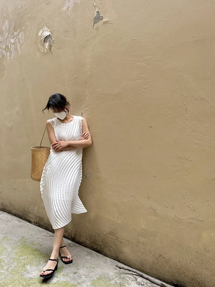 Hand Circle Pleated Sleeveless Dress Designer Long Round Neck Elegant Loose Summer Korean Style Aesthetic Clothes