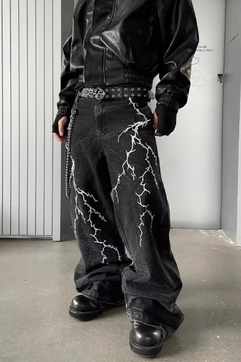 Retro Street Design Thorn Embroidery Niche Versatile Loose Straight Jeans 's Casual Pants (Button Holes Not Opened At Waist)