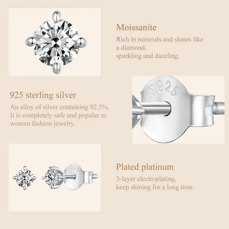 U Moissanite Earrings Shinning 4 Prongs Ear Stud 925 Sterling Silver D Color for Women Wedding Anniversary Fine Jewelry