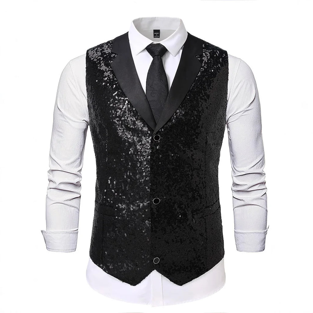 Men's Gold Sleeveless Blazer, Round Sequin-embellished Blazer Jacket, Perfect for Weddings, Parties, DJ Events, and Nightclubs.