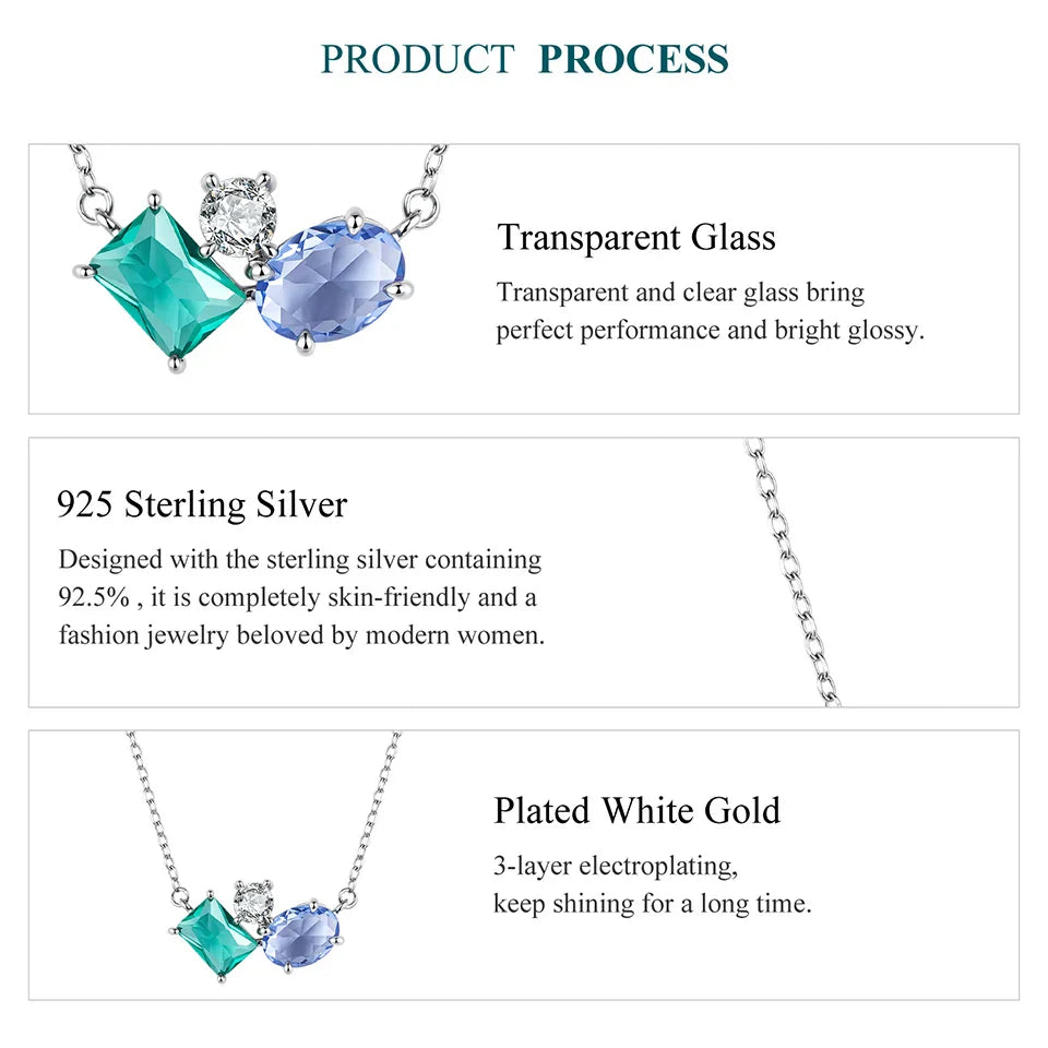 925 Sterling Silver Necklace Blue Green Stone  White Gold Zirconia Pendant Adjustable Chain for Women Fine Jewelry Gift