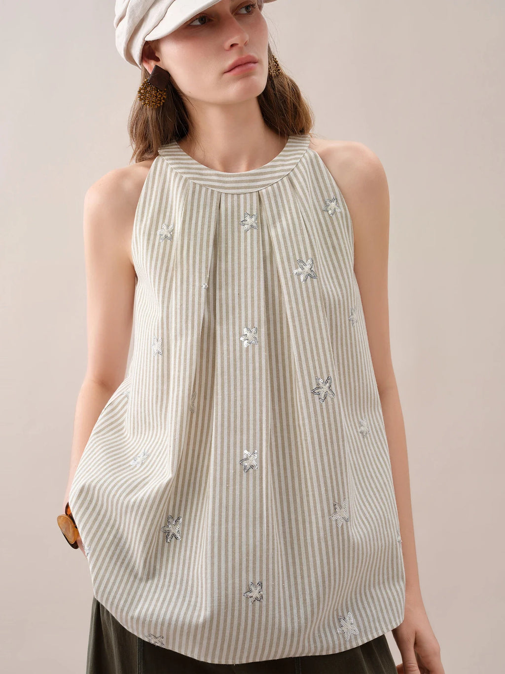 2026 Summer Women's Striped Embroidered Sleeveless Blouse - Vacation Elegance Collection for Resort
