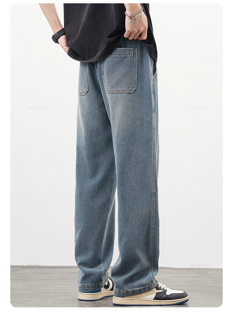 Brand Clothing High Quality Starry Sky Texture Fabric Men's Jeans Loose Straight Denim Pants Elastic Waist Drawstring Trousers