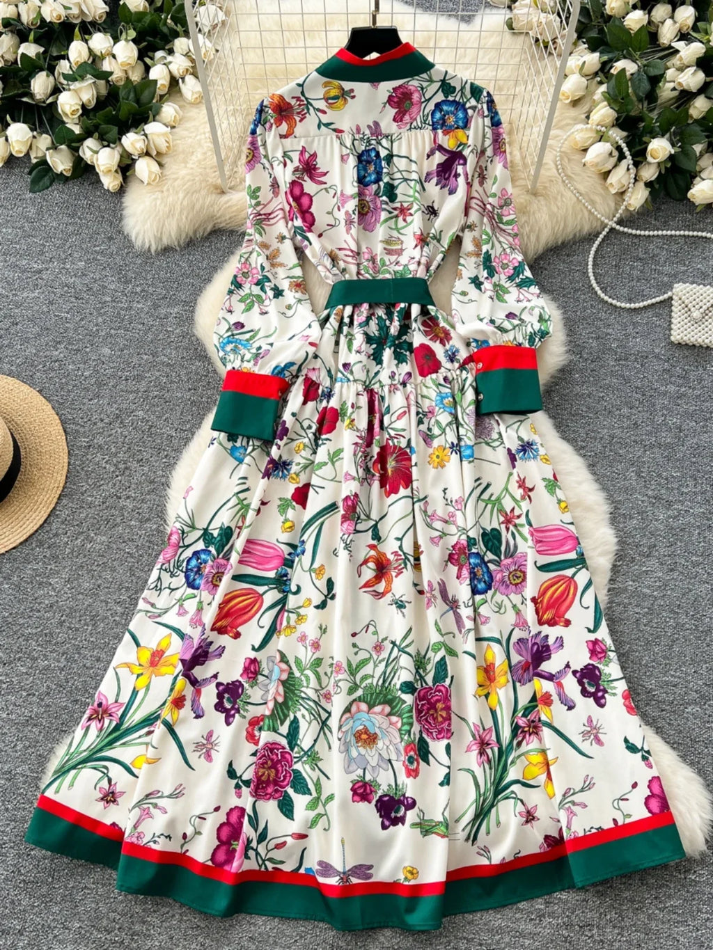 Retro Faion Print Stand Collar Single Button Women's Dr Waist Cinched Floor Length Skirt Korean Sle High Waist Long Sl...