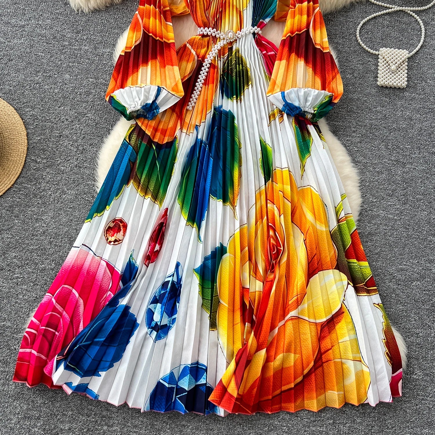 High-End Women's Dr Faionable Beaded round Ne Hollow out Pleated Lantern Sve Waist Cinched Floral Print Lon...