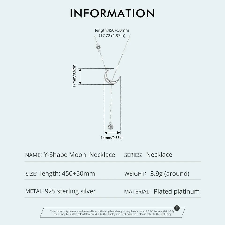 925 Sterling Silver Y-Shape Moon Pendant Necklace Water-drop Zircon Neck Chain for Women Anniversary Gift Fine Jewelry