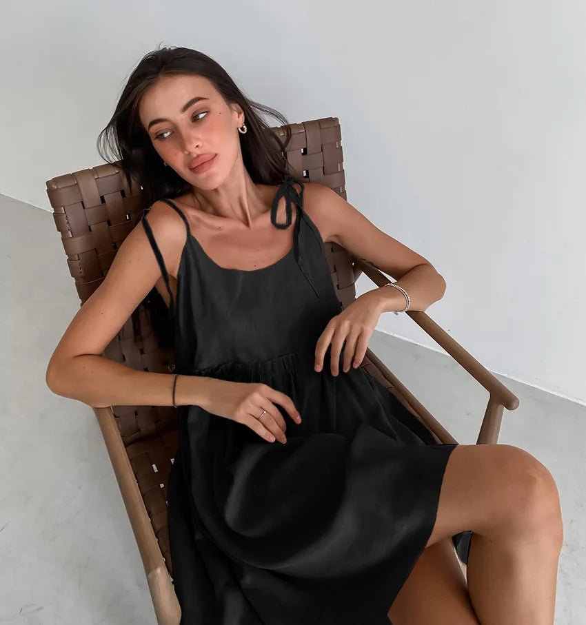 Women's Cotton Linen Spaghetti Strap Mini Dress Summer Loose A-Line Beach Vacation Dress Female Fashion Streetwear Dress