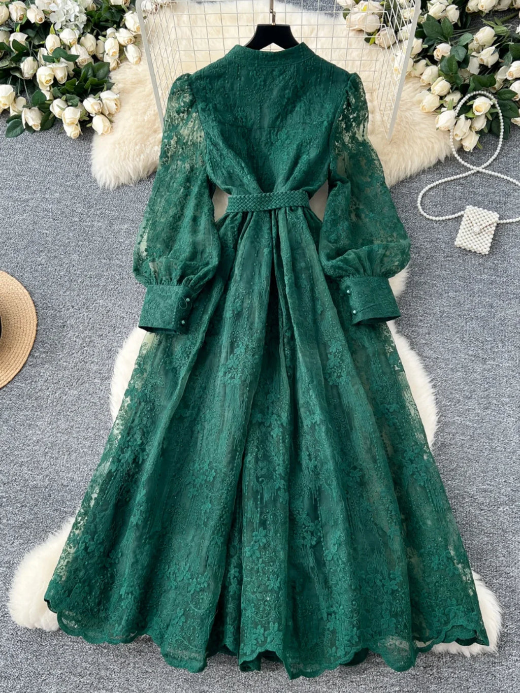 High-End Women's Dress Heavy Embroidery A-Line Long Skirt V-Neck Lantern Sleeve Single Button High Waist Korean Style Commute