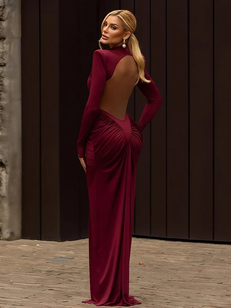 Sisterlinda Shirring Sheath Maxi Dresses High Street Classic Full Sleeve Straight Shoulder Backless Vestidos Mujer Evening Wear