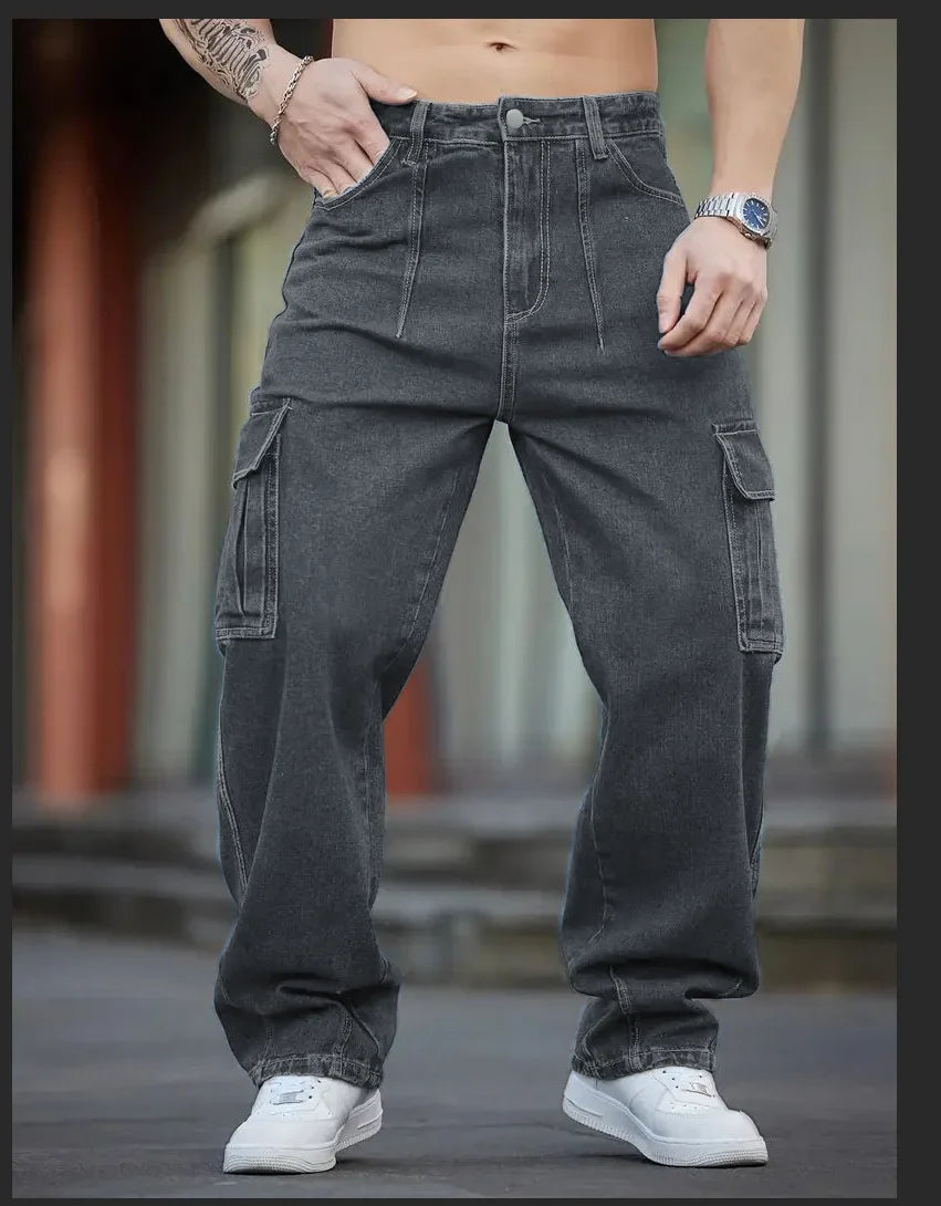 Men's Deep Blue Washed Denim Workwear Jeans Casual Multiple Pockets Design Loose Wide Leg Trousers Y2K Style Cargo Pants