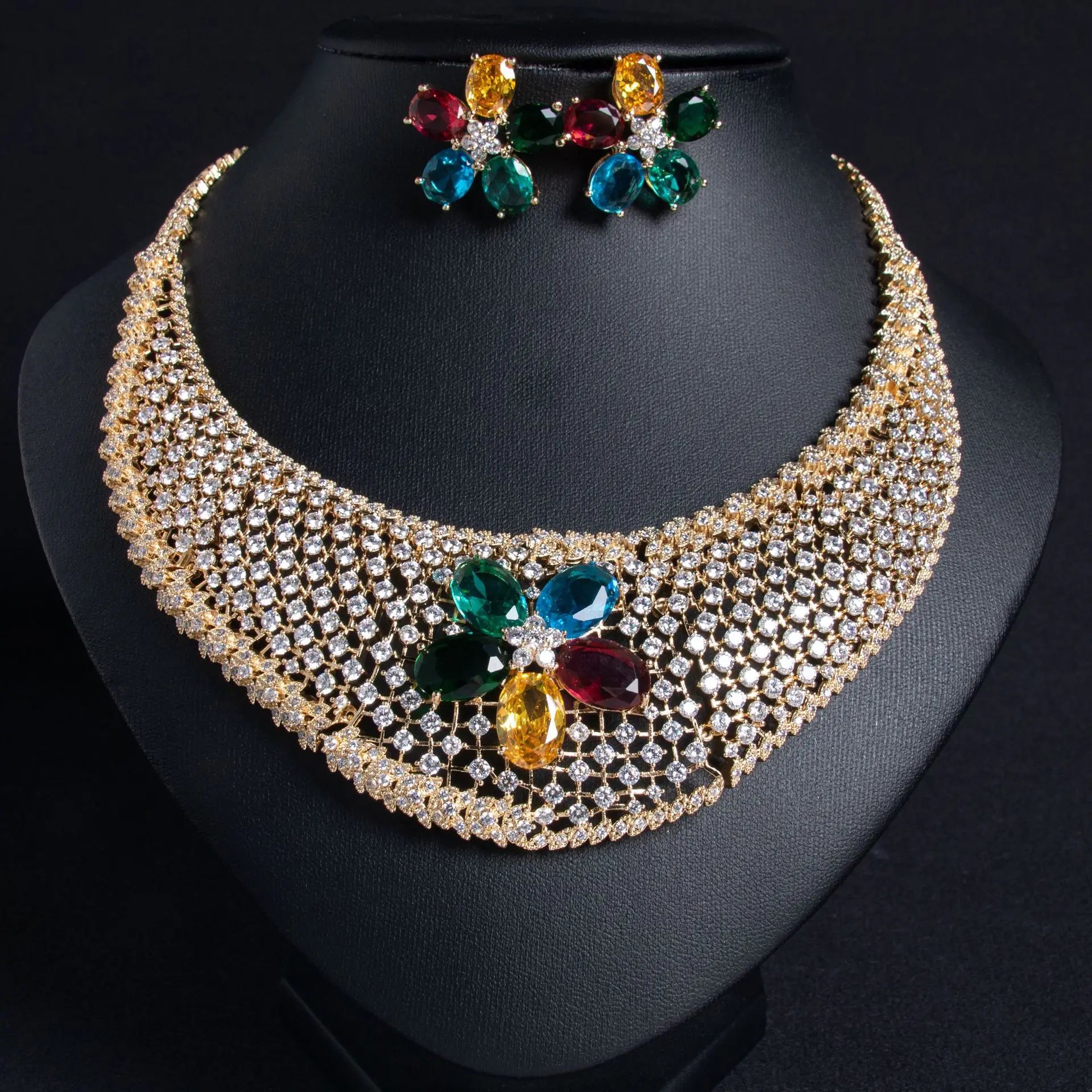 Cubic Zirconia Inlaid Hollow Leaf Flower Pendant Earrings and Necklace Jewelry Set