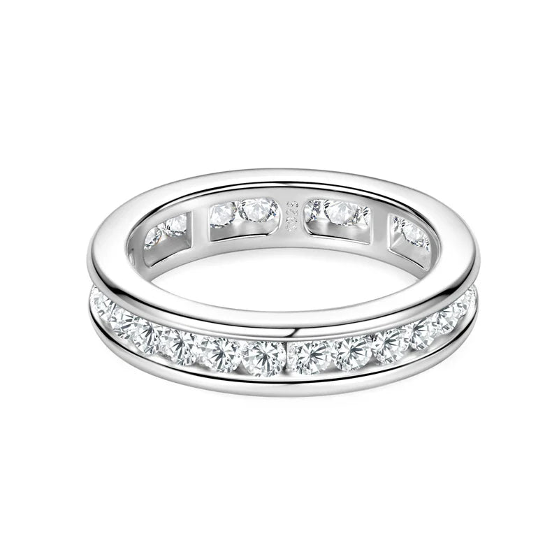 S925 Silver Groove Inlaid D VVS1 Round Moissanite Ring for Women Fashion Wedding Ring Eternity Band with Certificate