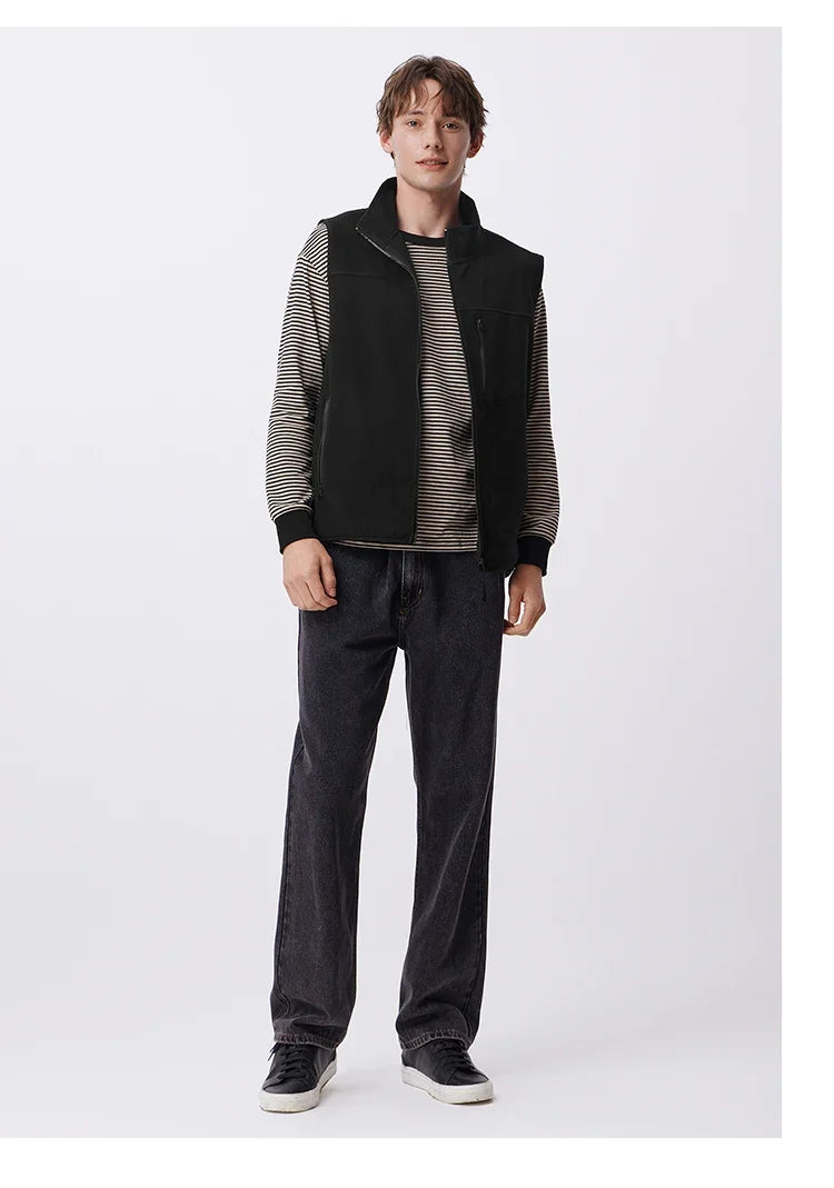 Vest Men Anti-Static Fleece Coat New Autumn 2024 Warm Collar Lining Solid Color Versatile Top