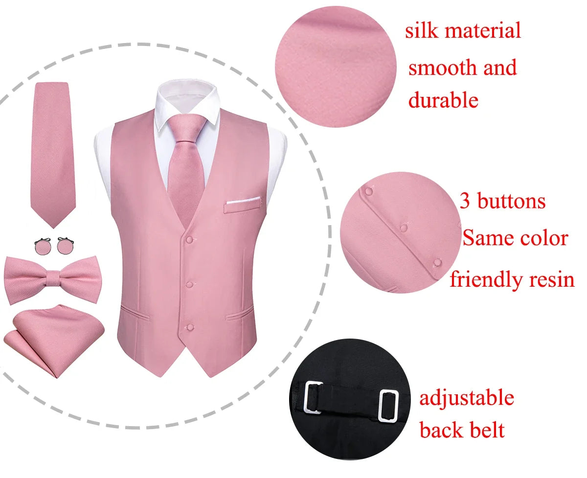 Elegant Silk Vest for Men Wedding Solid Gold Green Pink Purple Red Waistcoat Tie Bowtie Set Sleeveless Jacket Suit Barry Wang