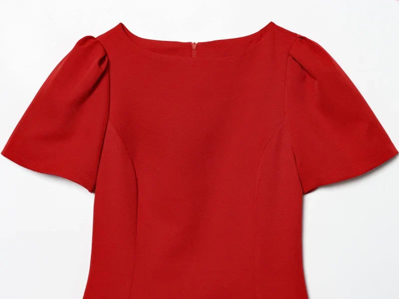 2025 women's new products are elegant and stylish Short dress with a boat neck and short sleeves with pleats  black dress