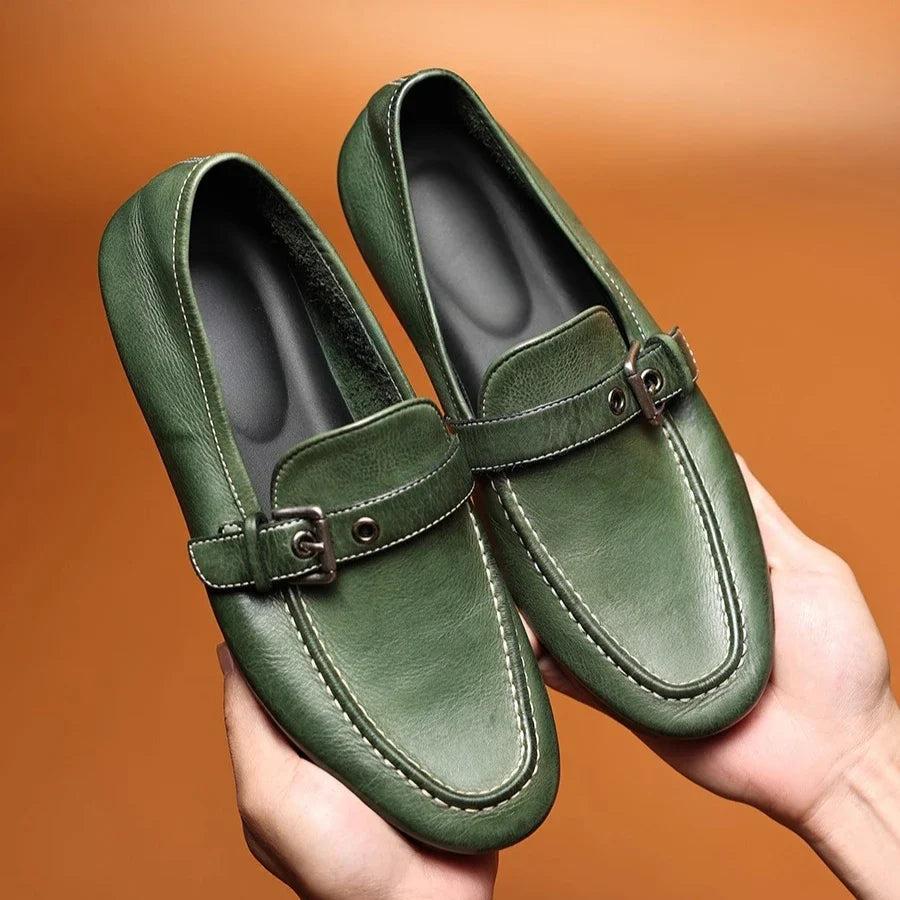High-end Washed Genuine Leather Loafers Men's Shoes Slip on Fashion Trendy Casual Dress Work Leather Shoes Male Flats