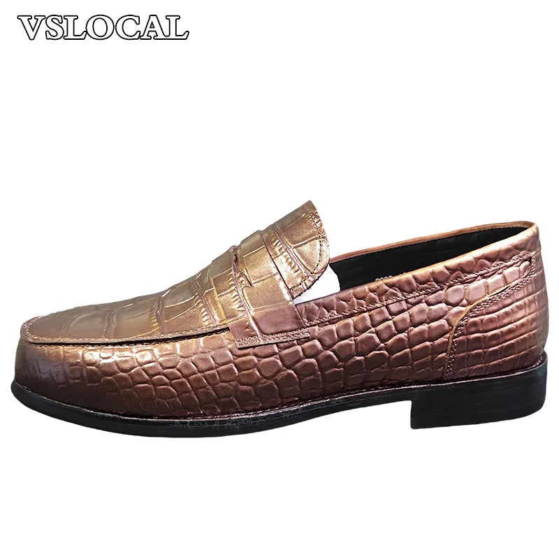 Luxury Brand Men Leather Shoes Black Slip On Croco Prints Casual Mens Dress Shoes Wedding Office Banquet Loafers For Men