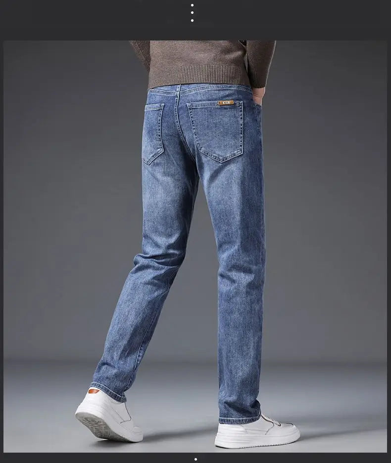 Korean Fashion Men's Soft Stretch Slim Fit Jeans Business Casual Straight Denim Pants Classic Brand Washed Blue Gray Trousers