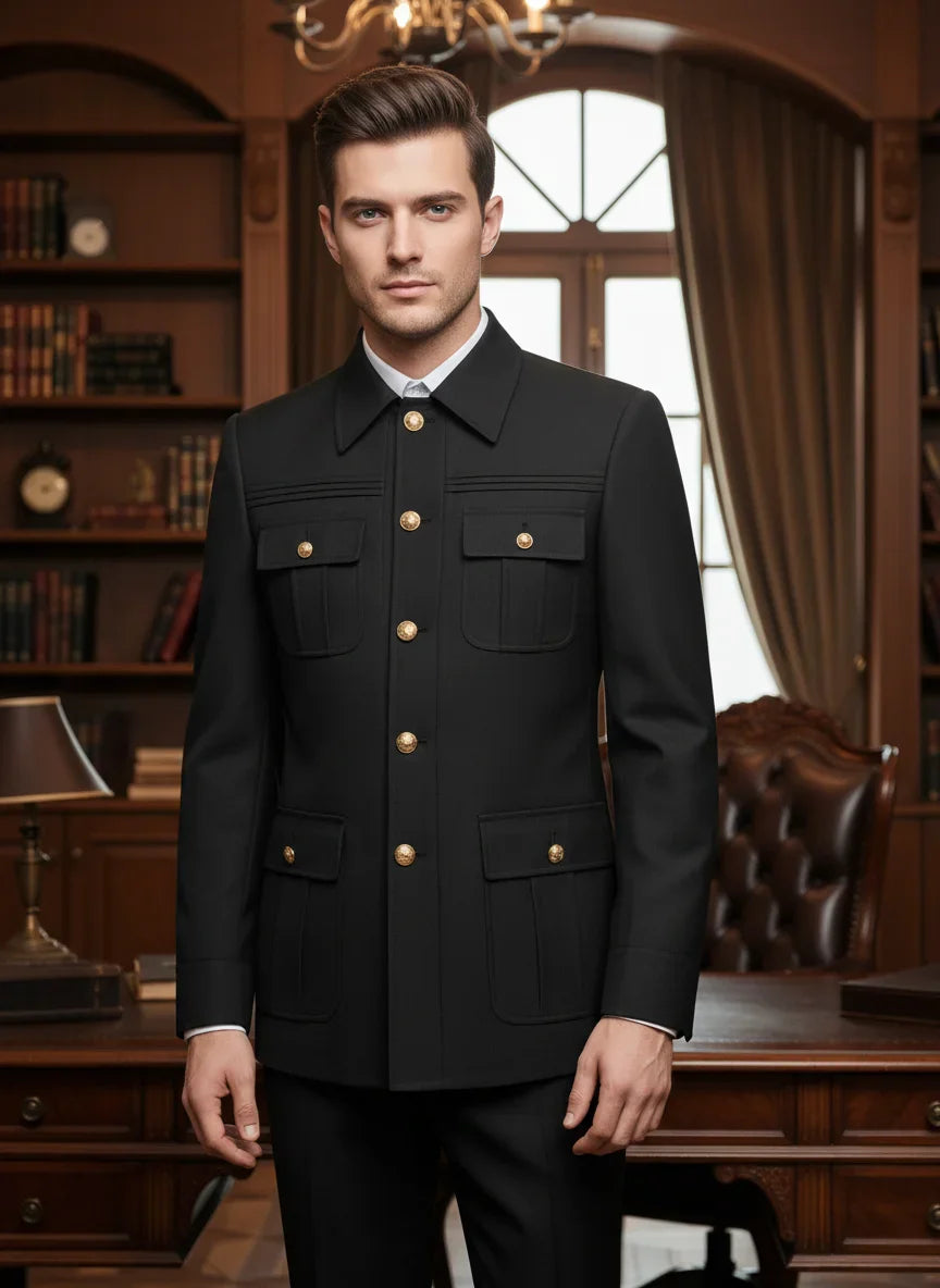 Two-piece dress black slim fit mens suits Classic Fit Multi Buckle Multi Pocket Solid Color Casual Business man blazer