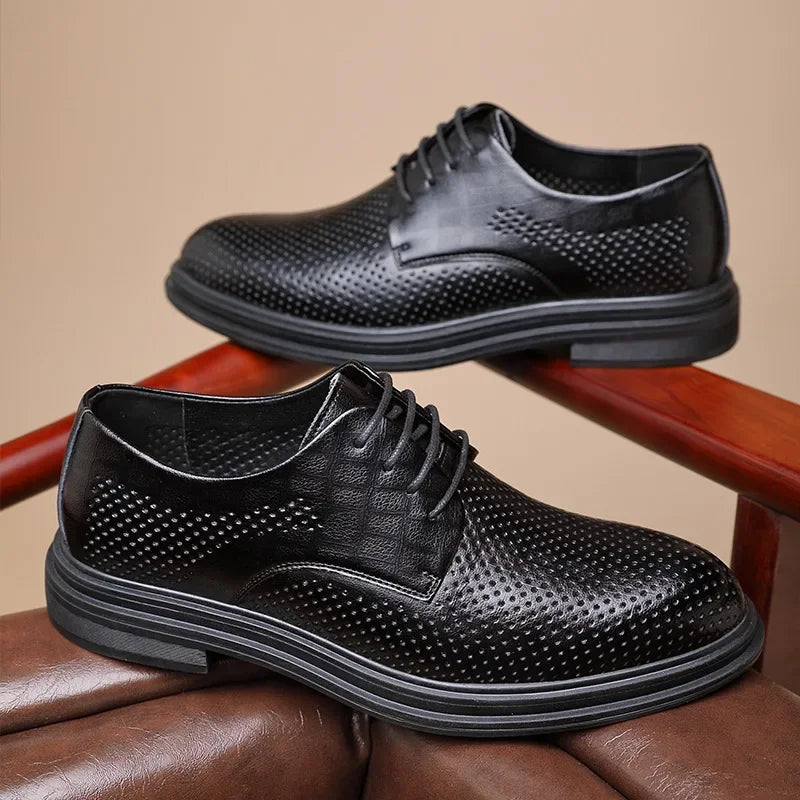 Men's Business Formal Shoes with Laces Hollow out Design 8cm Heightening Low Cut Casual Shoes Rubber Bottom Adult Size