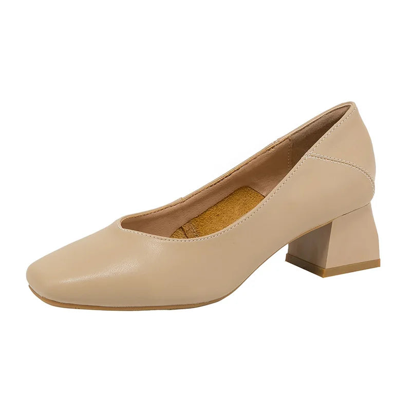 genuine leather med-high heels shoes for women square toe pumps cowhide zapatos mujer elegantes tacones bajos OL shoes size 43
