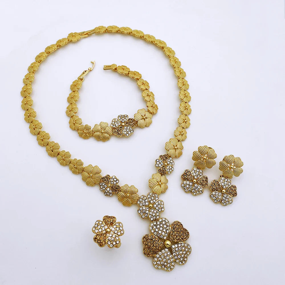 Dubai Nigeria Jewelry Sets For Women Luxury Design Five Petals Flower Pendant Necklace Earring Bracelet And Ring